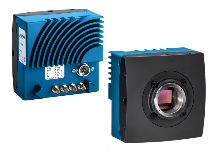EoSens3.0MCX5 Kamera Ansicht von vorne und Hinten mit CXP6 Interface auf weißem Hintergrund