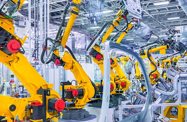 Industrial robots in a factory